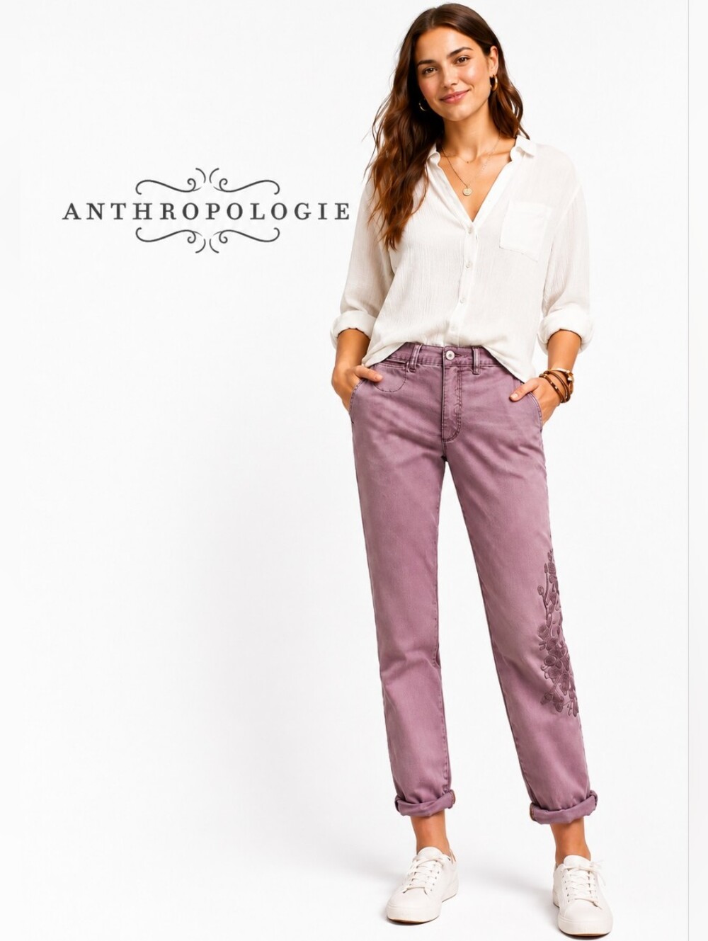 Anthropologie Relaxed Embroidered Chino Pants in Dusty Lilac Size:28